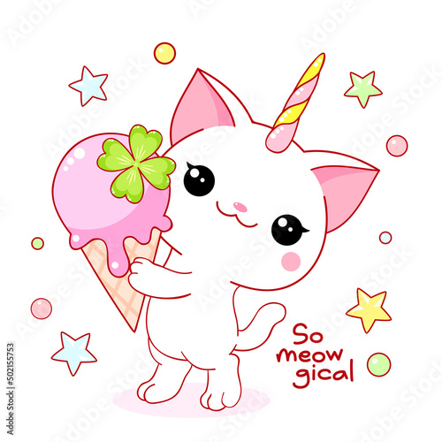 Cute card in kawaii style. Little unicorn cat with ice cream. Happy white kitten unicorn. Inscription So meowgical. Vector illustration EPS8
