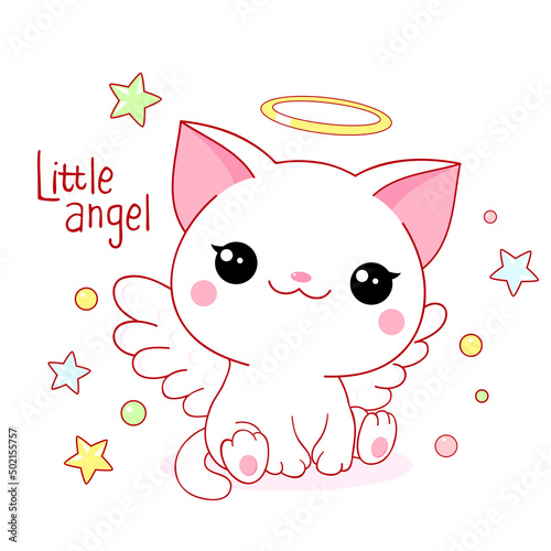 Cute card in kawaii style. Little cat with angel wings and halo. Happy white kitten with nimbus. Inscription Little angel. Vector illustration EPS8