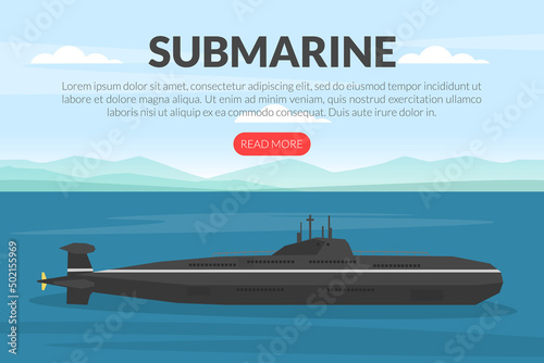 Fotografiet Web Banner with Warship or Combatant Submarine Ship as Marine Vessel for Naval W