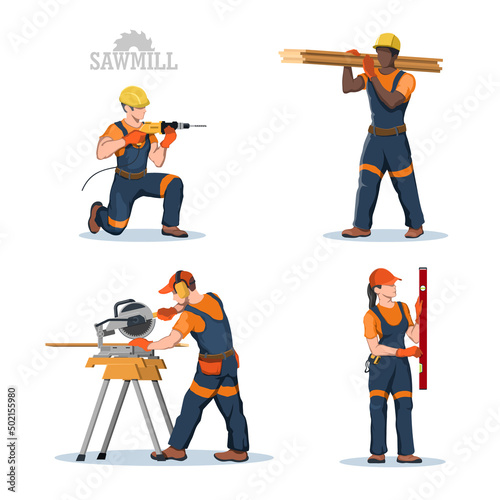Isolated sawmill workers. Construction industrial scene. Builder use a hand tool. Contractor ocupation. Carpenters in orange uniform at workshop