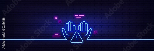 Neon light glow effect. Clean hands line icon. Sanitary cleaning sign. Washing hands symbol. 3d line neon glow icon. Brick wall banner. Clean hands outline. Vector
