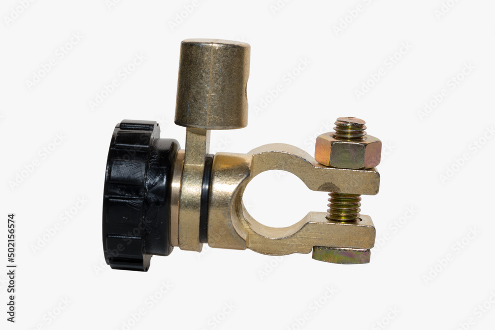 Brass battery terminal cut-off switch on car battery. Part L Shape Brass battery terminal cut-off switch on car battery. Part L Shape