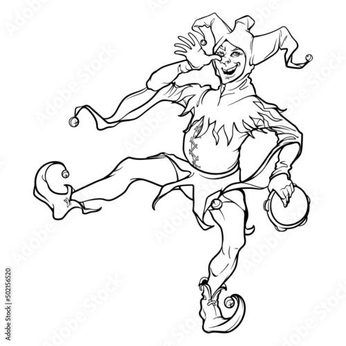 Jester or royal fool dances balancing on one foot making faces and playing tamburine. Medieval gothic style character. Black line drawing isolated on white background. EPS10 vector illustration