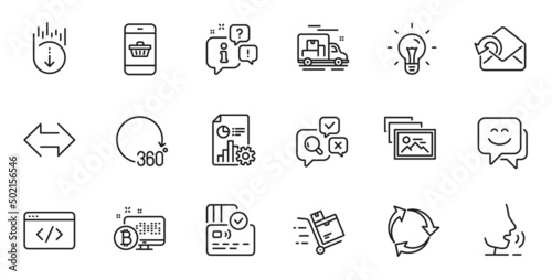Outline set of Inspect, 360 degrees and Photo album line icons for web application. Talk, information, delivery truck outline icon. Include Smile face, Recycle, Card icons. Vector