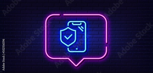 Neon light speech bubble. Phone insurance hand line icon. Risk coverage sign. Device protection symbol. Neon light background. Phone insurance glow line. Brick wall banner. Vector