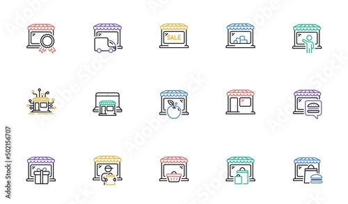 Market store line icons. Online Marketplace, Wholesale Shop, Network Marketing. Store showcase, grocery shop, buyer line icons. Retail seller, fresh market, food delivery. Marketplace app. Vector