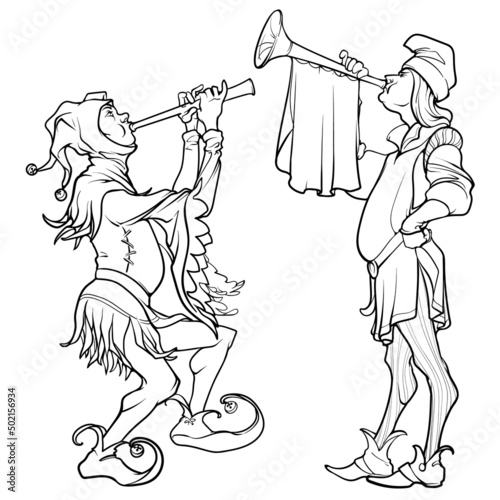 Herald and jester playing flute and trumpet. Medieval gothic style concept art. Design element. Black line drawing isolated on white background. EPS10 vector illustration