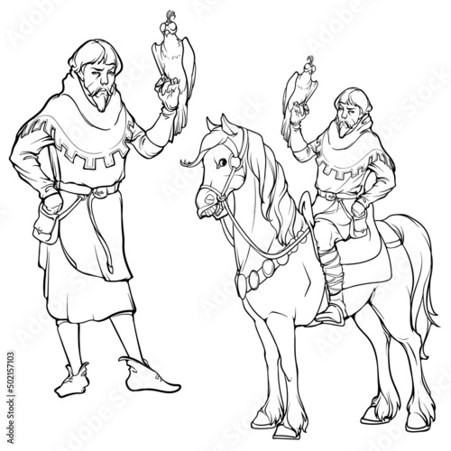 Medieval falconer. A courtier organizing royal falcon hunting. Medieval gothic style concept art. Standing and mounted. Black line drawing isolated on white background. EPS10 vector illustration