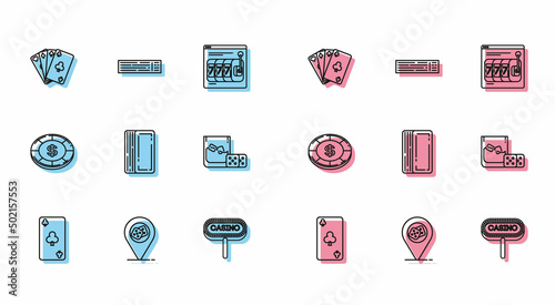 Set line Playing card with clubs symbol, Casino location, cards, signboard, Deck of playing, Game dice and glass whiskey ice cubes, chip dollar and icon. Vector