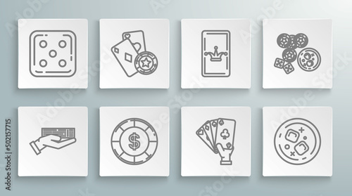 Set line Hand holding deck of playing cards, Casino chip, with dollar symbol, Glass whiskey ice cubes, Joker, chips, game dice glass and Game icon. Vector