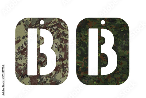 Leather military Latin alphabet. Khaki protective ABC tags on white background. Letter B