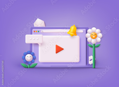 Video player, gallery, development, seo analysis concept with floating elements. Distance training, streaming, webinar, conference videos. 3D Web Vector Illustrations.