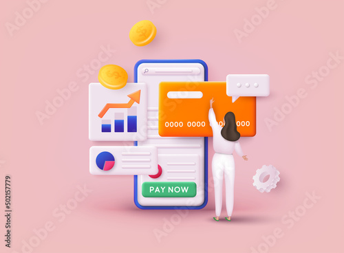 Pay by credit card via electronic wallet wirelessly on phone. Payment of utility, bank, restaurant and other bill. 3D Vector Illustrations.
