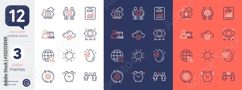 Set of Stress, Social distancing and Online education line icons. Include Employees teamwork, Cloud computing, Cogwheel icons. Internet, Report document, Alarm clock web elements. Vector