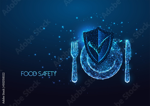 Futuristic food safety concept with glowing isolated cutlery, plate, fork and knife and shield