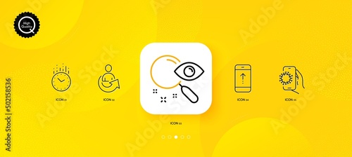 Time, Swipe up and Share minimal line icons. Yellow abstract background. Search, Covid app icons. For web, application, printing. Clock, Scrolling screen, Referral person. Find document. Vector