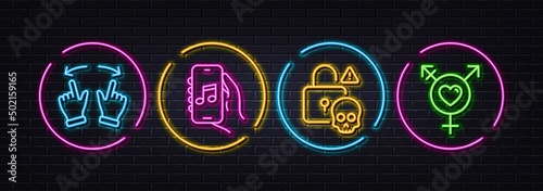 Cyber attack, Move gesture and Music app minimal line icons. Neon laser 3d lights. Genders icons. For web, application, printing. Data hacking, Swipe, Musical note. Inclusion. Vector