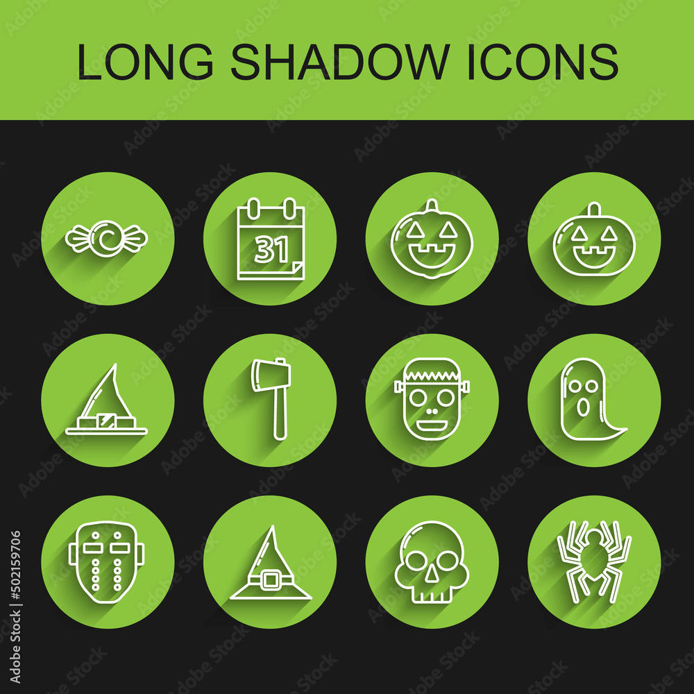 Set line Hockey mask, Witch hat, Candy, Skull, Spider, Wooden axe, Ghost and Zombie icon. Vector Set line Hockey mask, Witch hat, Candy, Skull, Spider, Wooden axe, Ghost and Zombie icon. Vector