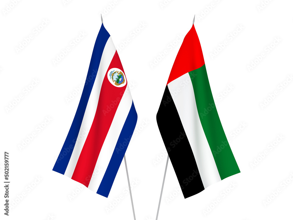 National fabric flags of United Arab Emirates and Republic of Costa Rica isolated on white background. 3d rendering illustration.