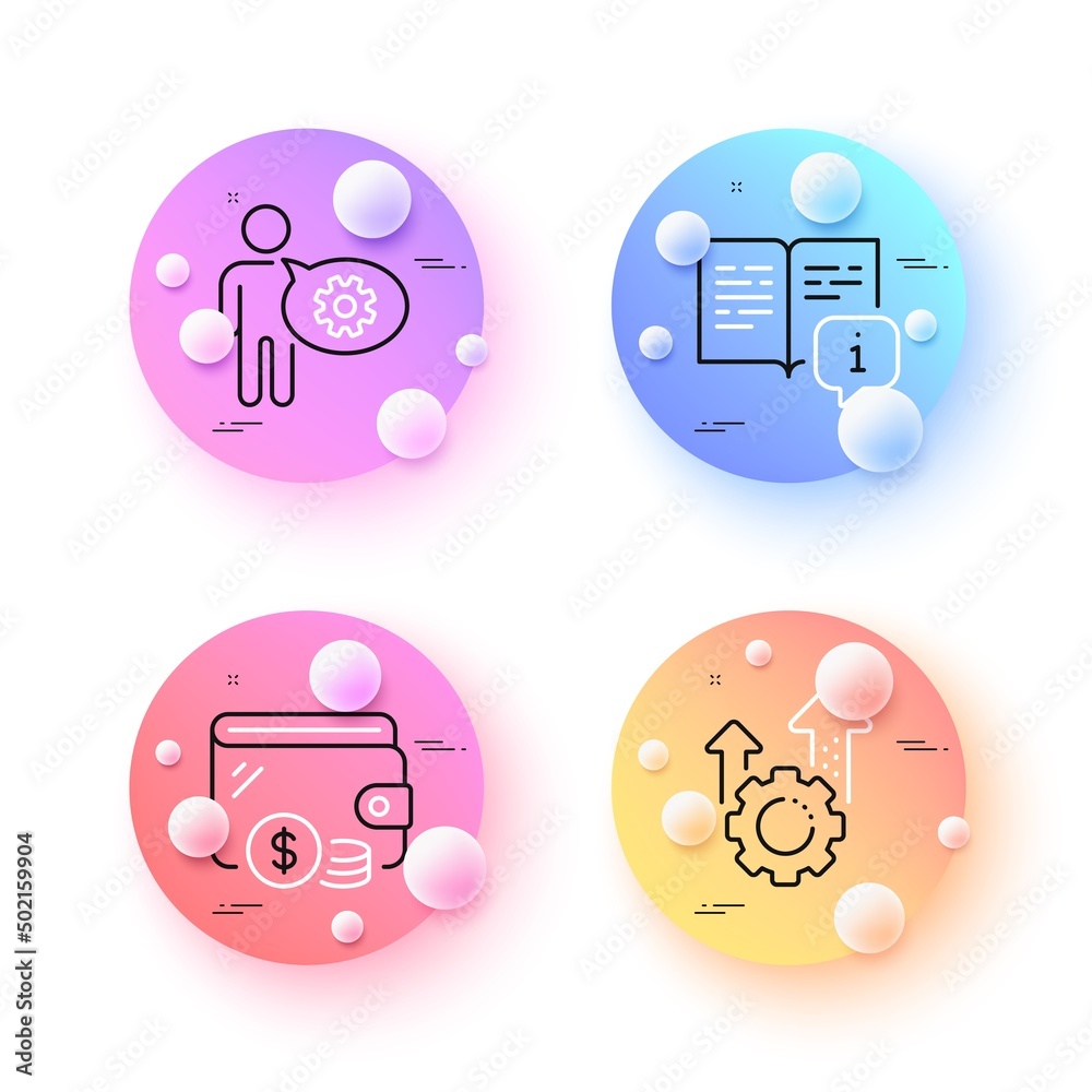 Manual, Seo gear and Wallet minimal line icons. 3d spheres or balls buttons. Cogwheel icons. For web, application, printing. Read book, Cogwheel, Cash money. Engineering tool. Vector Manual, Seo gear and Wallet minimal line icons. 3d spheres or balls buttons. Cogwheel icons. For web, application, printing. Read book, Cogwheel, Cash money. Engineering tool. Vector