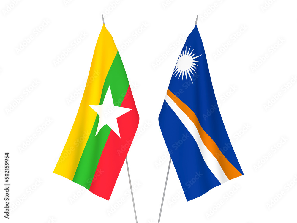 National fabric flags of Myanmar and Republic of the Marshall Islands isolated on white background. 3d rendering illustration.