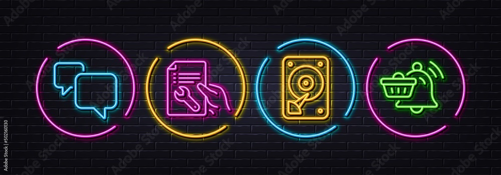 Hdd, Repair document and Speech bubble minimal line icons. Neon laser 3d lights. Notification cart icons. For web, application, printing. Hard disk, Spanner tool, Chat message. Order bell. Vector