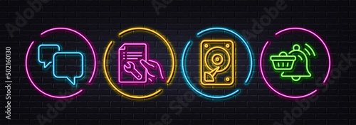 Hdd, Repair document and Speech bubble minimal line icons. Neon laser 3d lights. Notification cart icons. For web, application, printing. Hard disk, Spanner tool, Chat message. Order bell. Vector