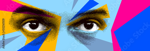 Foto Looking eyes 8 bit dotted design style vector abstraction, human face stylized design element, with colorful splats