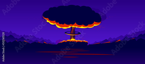 Nuclear explosion vector illustration, apocalypse theme, world war 3, atomic bomb mushroom Armageddon.