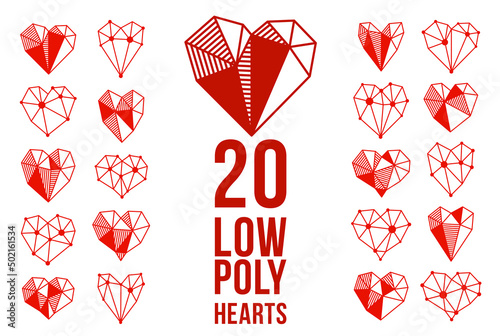Low poly geometric hearts vector icons or logos set, graphic design 3d love theme elements, polygonal dimensional hearts.