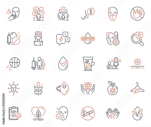 Healthcare icons set. Included icon as Medical vaccination, Medical drugs and Basketball web elements. Health skin, No sun, Face biometrics icons. Fair trade, Gluten free, Dont touch web signs. Vector