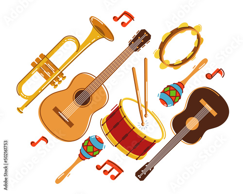 Acoustic music instruments composition vector flat illustration isolated on white, rock ballads concert or festival, live sound fest, rock musical bands.