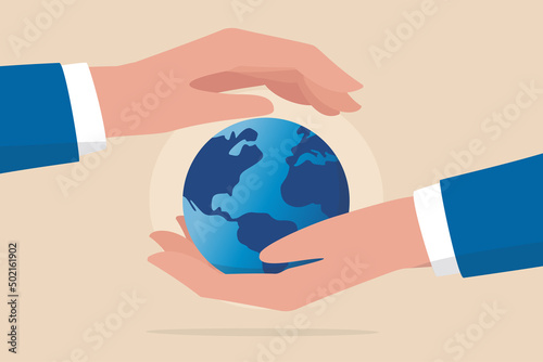 Save the world, peace or ecology, sustainability and environment protection, world care and support concept, businessman hand holding planet earth with care and other hand cover for protection.