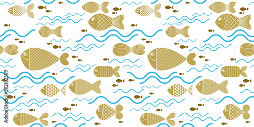 Cute fiches seamless background, seamless pattern, cute childish background for children textile or wrapping paper or packaging for seafood products.