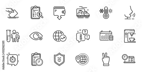 Outline set of Shield, Accounting report and Farsightedness line icons for web application. Talk, information, delivery truck outline icon. Vector