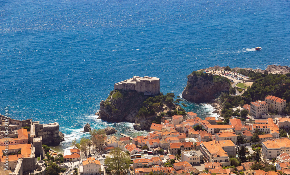 Aerial view of the old town Dubrovnik with red roofs, Croatia.
