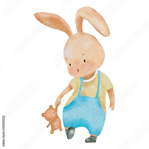 Rabbit holding teddy bear,Watercolor hand paint Cartoon bunny playing with brown bear,Cute animal character element for Easter card,Spring,Summer,Vector illustration isolated on white background