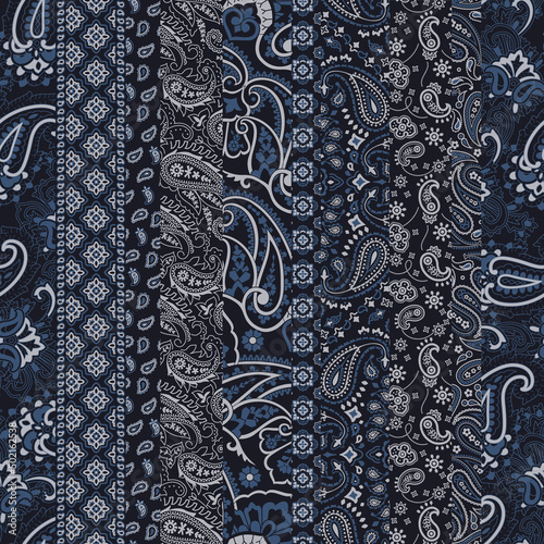 Blue paisley flowers bandana fabric patchwork abstract vector seamless pattern