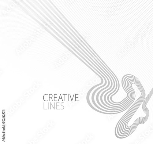 Lines in perspective vector abstract background in light grey and white monochrome, 3D dimensional stripes with smooth gradient and wavy motion.