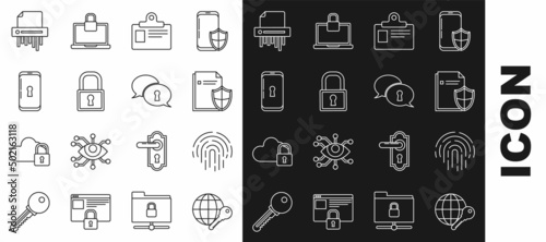 Set line Globe key, Fingerprint, Document protection concept, Identification badge, Lock, Smartphone with lock, Paper shredder confidential and Protection of personal data icon. Vector