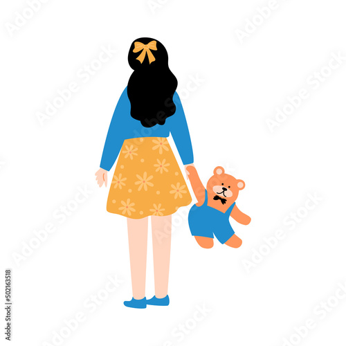 Little girl standing back to viewer and holding in her hand a toy. Person from behind. Vector flat illustration with kid