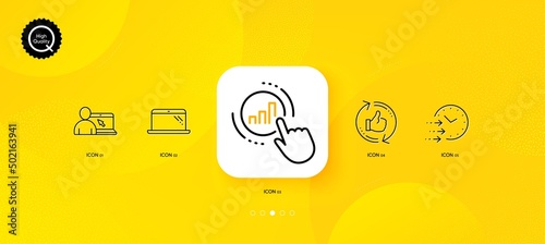 Laptop, Online education and Delivery time minimal line icons. Yellow abstract background. Graph chart, Refresh like icons. For web, application, printing. Vector