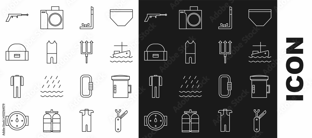 Set line Swiss army knife, Big flashlight for diver, Fishing boat on water, Snorkel, Wetsuit scuba diving, Case box container wobbler, harpoon and Neptune Trident icon. Vector Set line Swiss army knife, Big flashlight for diver, Fishing boat on water, Snorkel, Wetsuit scuba diving, Case box container wobbler, harpoon and Neptune Trident icon. Vector