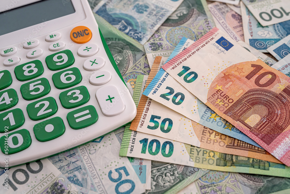 exchange concept pln polish money with euro bills and calculator exchange concept pln polish money with euro bills and calculator