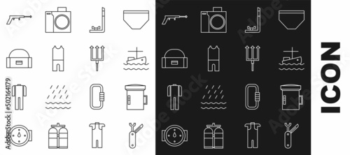 Set line Swiss army knife, Big flashlight for diver, Fishing boat on water, Snorkel, Wetsuit scuba diving, Case box container wobbler, harpoon and Neptune Trident icon. Vector