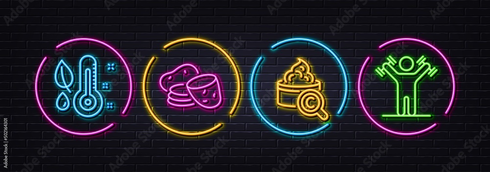 Thermometer, Potato and Collagen skin minimal line icons. Neon laser 3d lights. Dumbbells workout icons. For web, application, printing. Grow plant, Fresh vegetable, Skin care. Fitness athlete. Vector