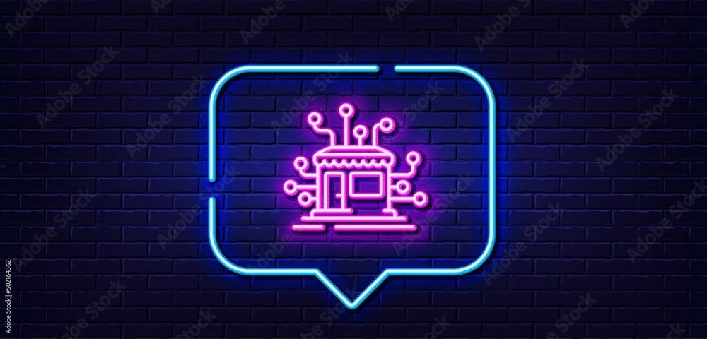 Neon light speech bubble. Distribution network line icon. Market store sign. Marketplace warehouse symbol. Neon light background. Distribution glow line. Brick wall banner. Vector Neon light speech bubble. Distribution network line icon. Market store sign. Marketplace warehouse symbol. Neon light background. Distribution glow line. Brick wall banner. Vector
