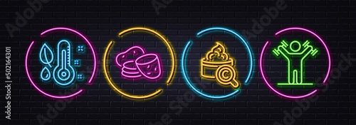 Thermometer, Potato and Collagen skin minimal line icons. Neon laser 3d lights. Dumbbells workout icons. For web, application, printing. Grow plant, Fresh vegetable, Skin care. Fitness athlete. Vector