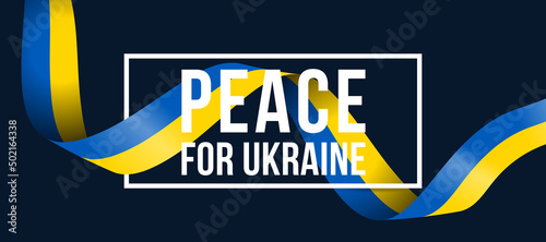 peace for ukraine text in white frame on ribbon nation flag of ukraine roll waving vector design