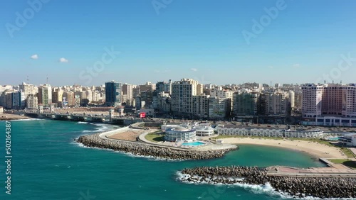 Aerial Drone shot of Alexandria Corniche, White Beach, and Stanley Bridge (Alexandria, Egypt)